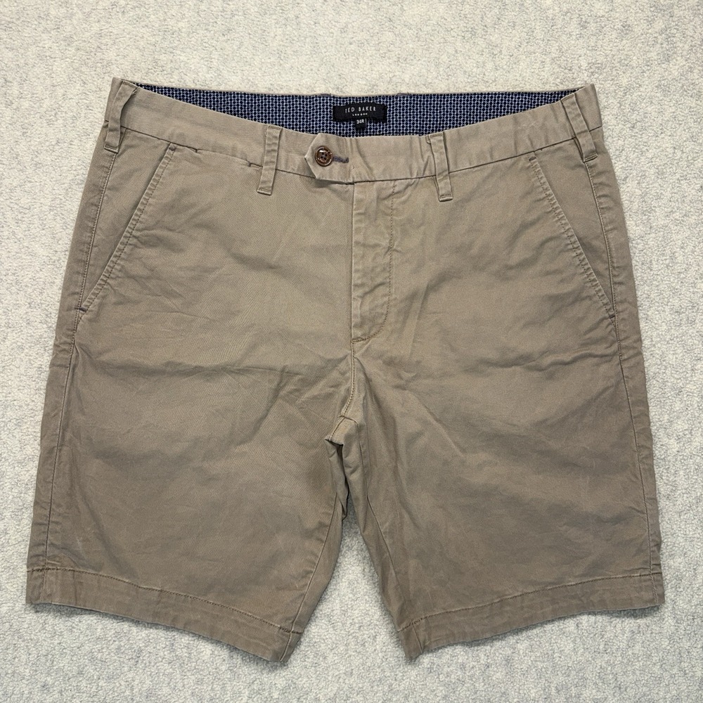 Ted Baker London Men's 34 Khaki Chino Shorts Taupe Flat Front Casual Cotton